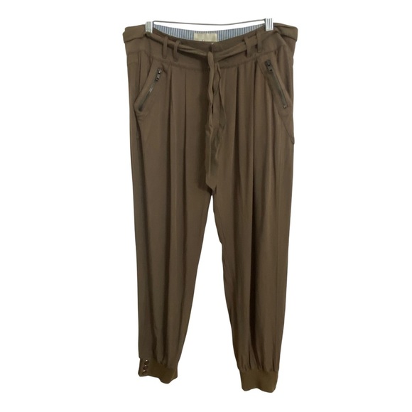 Elevenses by Anthropologie Green Pleated Jogger Pants Trousers Tie Waist Medium - Picture 4 of 10